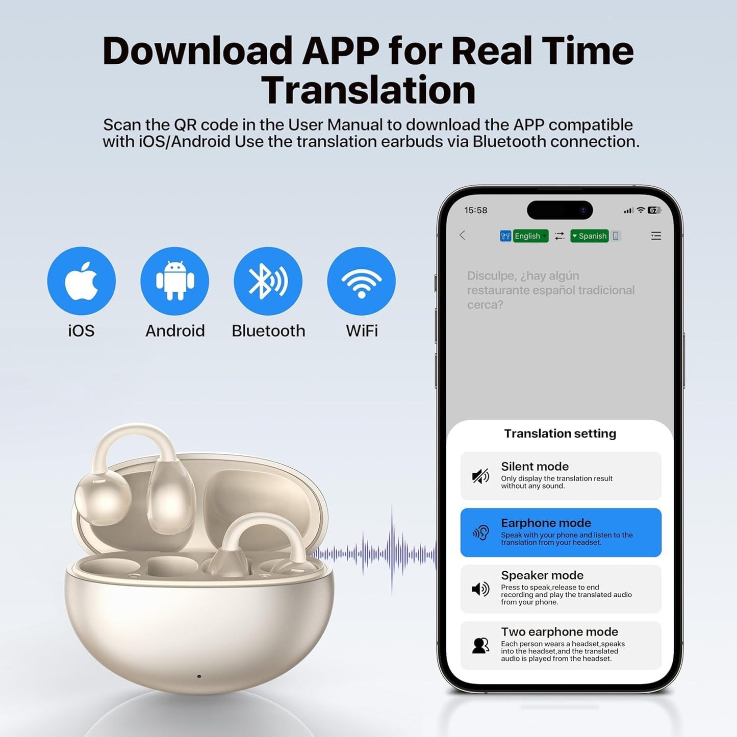 AI Translator Earbuds, Real Time 3-in-1 Translation Earbuds 144 Languages & Accents，Open-Ear Clip-On Design for Travel,
