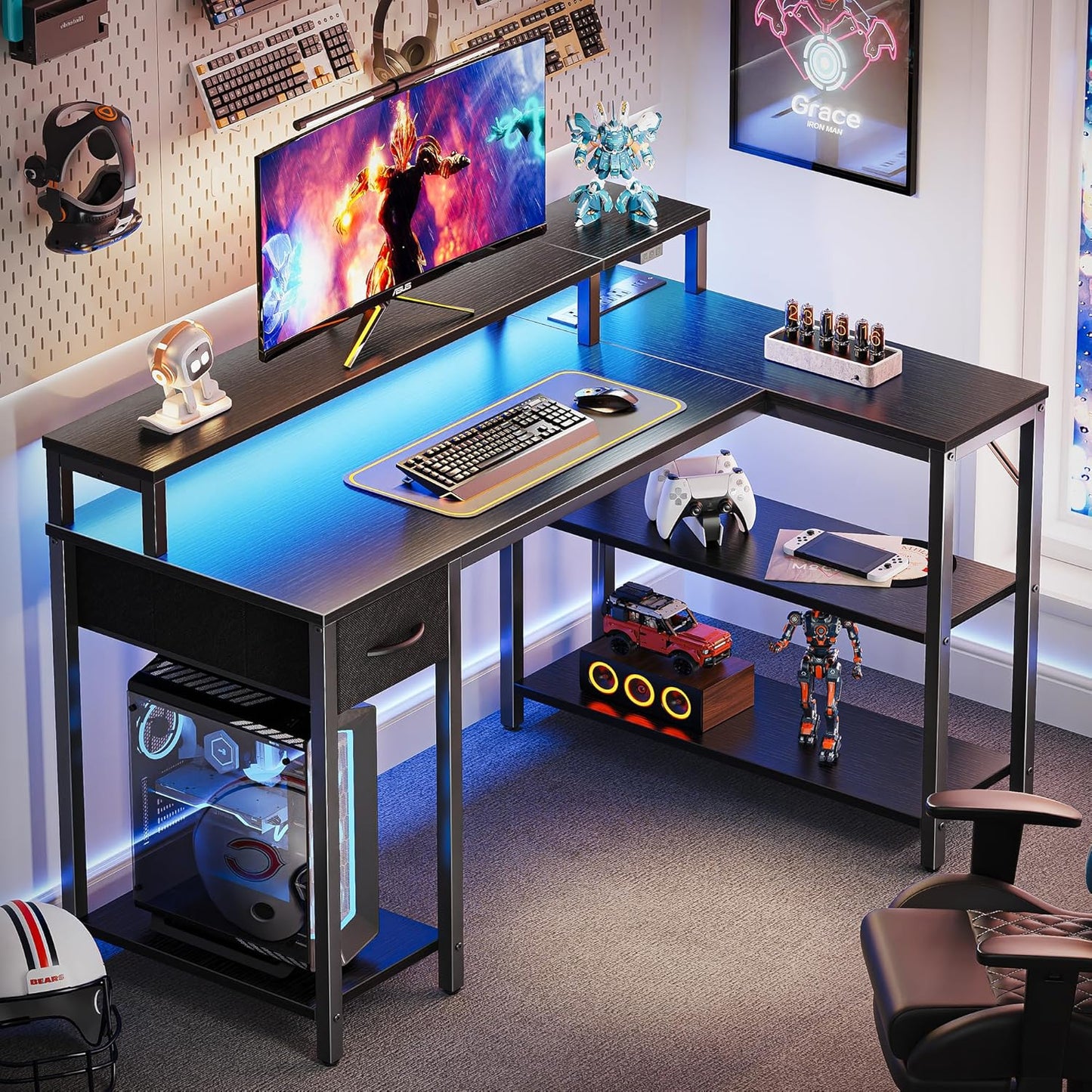 WASAFUN 55" L-Shaped Corner Workstation with Built-in Monitor Stand