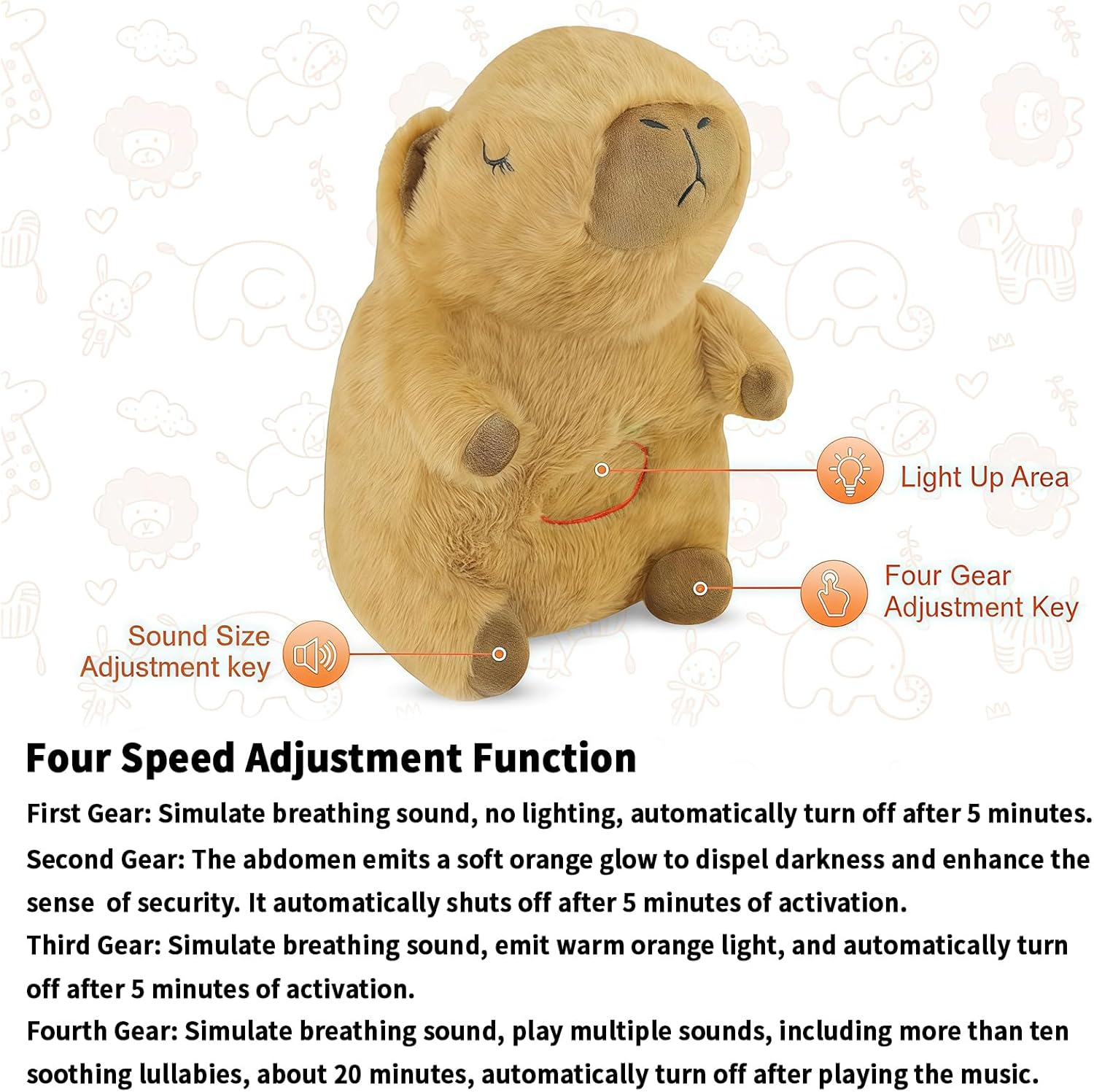 Breathing Stuffed Animal,Capybara Breathing Plush, 4 Gear Adjustment, Volume Control, Portable Plush Toy with Music & Lights