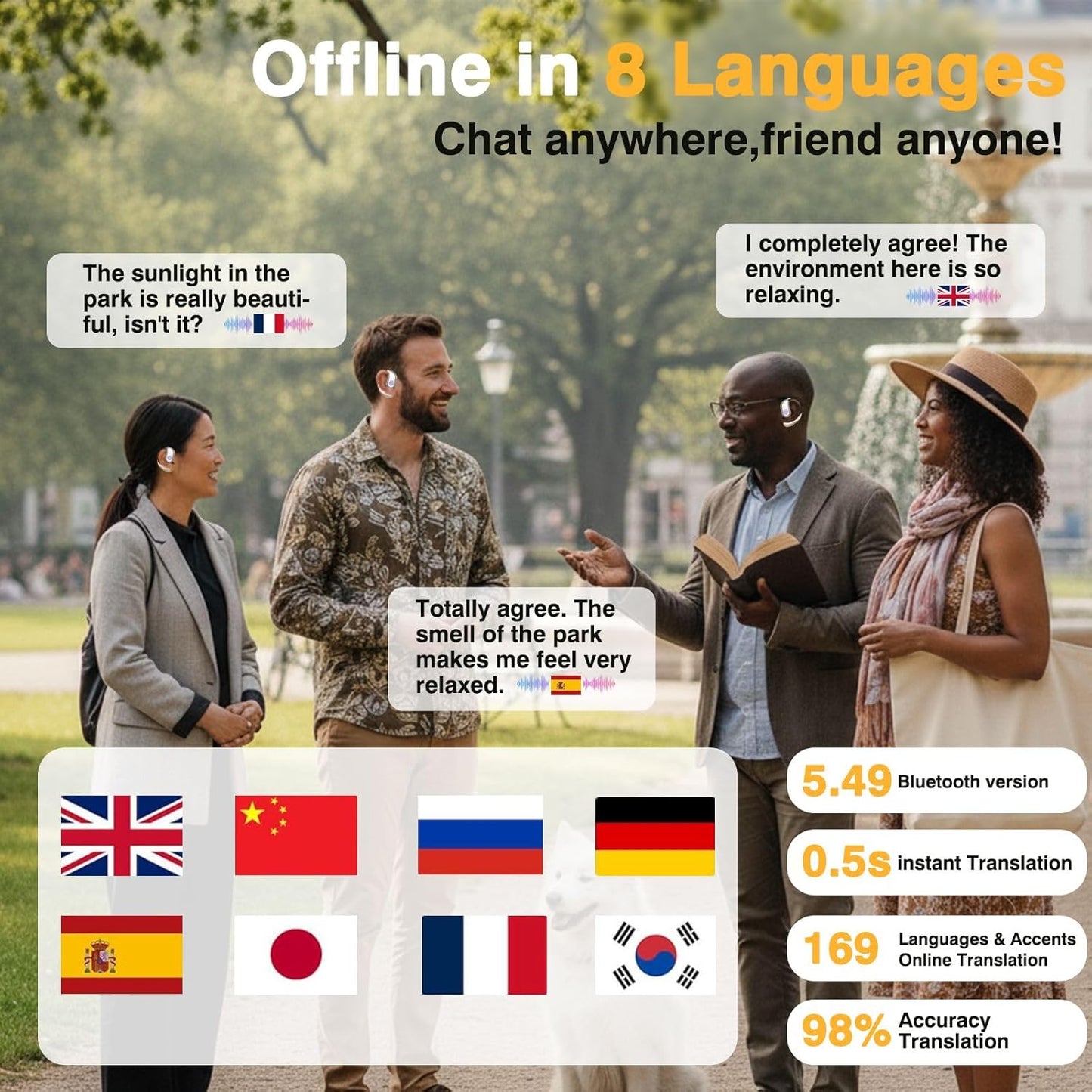 AI Language Translation Earbuds,Real-Time Translator for 169 Languages & Accents, HD Sound, Long Battery Life, Ideal for Travel and Business, Beige