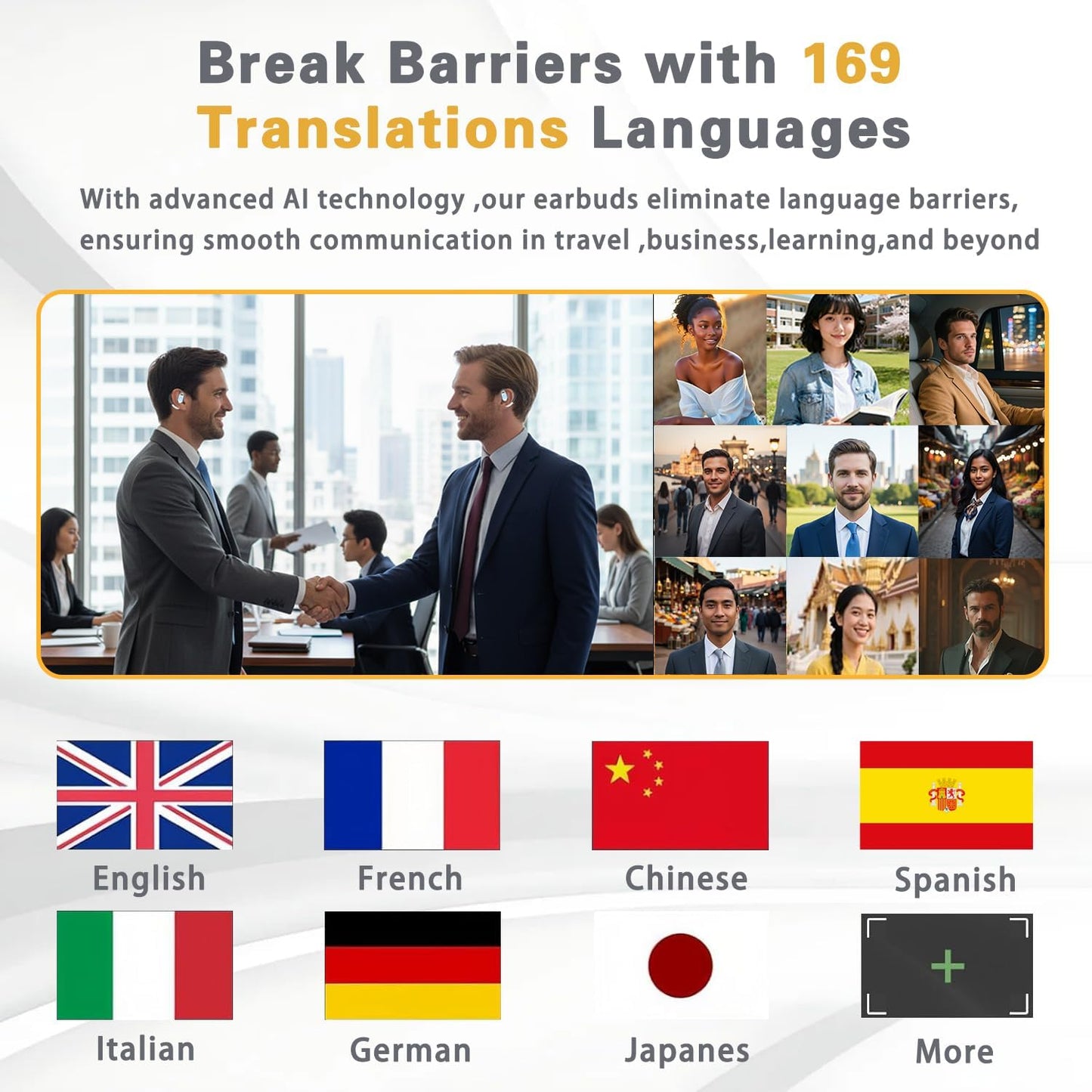 AI Language Translation Earbuds,Real-Time Translator for 169 Languages & Accents, HD Sound, Long Battery Life, Ideal for Travel and Business, Beige