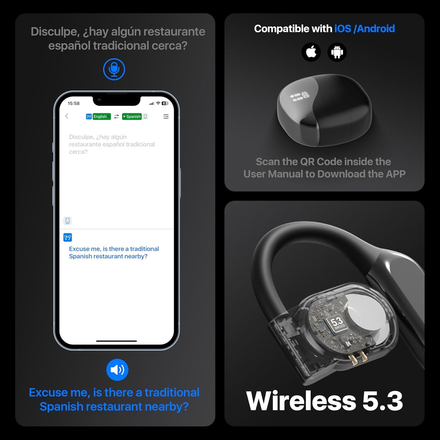 AI Language Translator Earbuds, OWS Real-Time 3-in-1 Translation Earbuds 144 Languages & Accents, Translation Device for Travel Business Learning