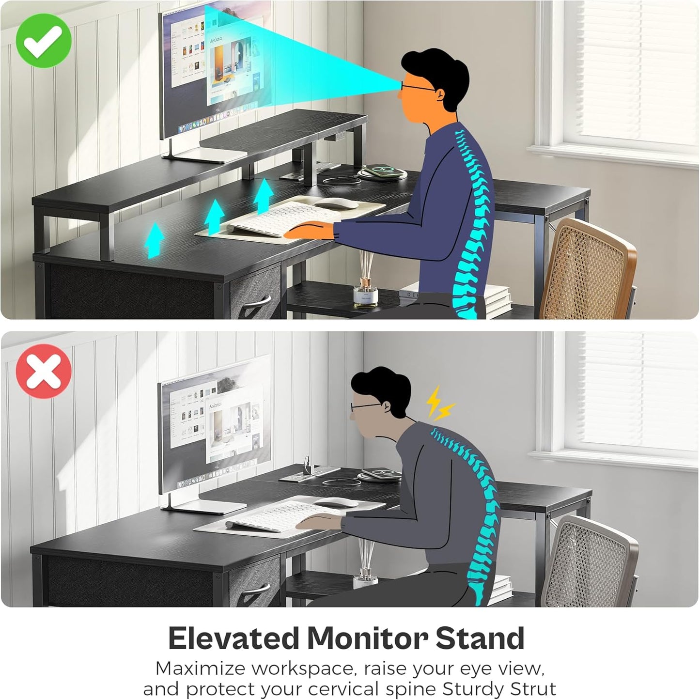 WASAFUN 55" L-Shaped Corner Workstation with Built-in Monitor Stand